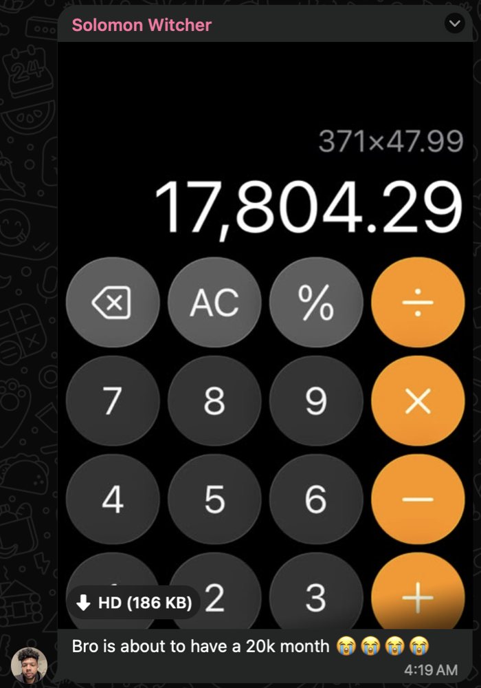 Calculator showing 371 orders times 47.99 equals 17,804.29