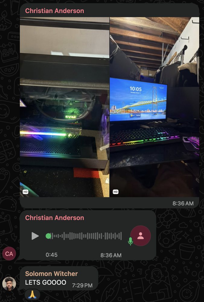Student's new computer setup and celebration messages in the group chat